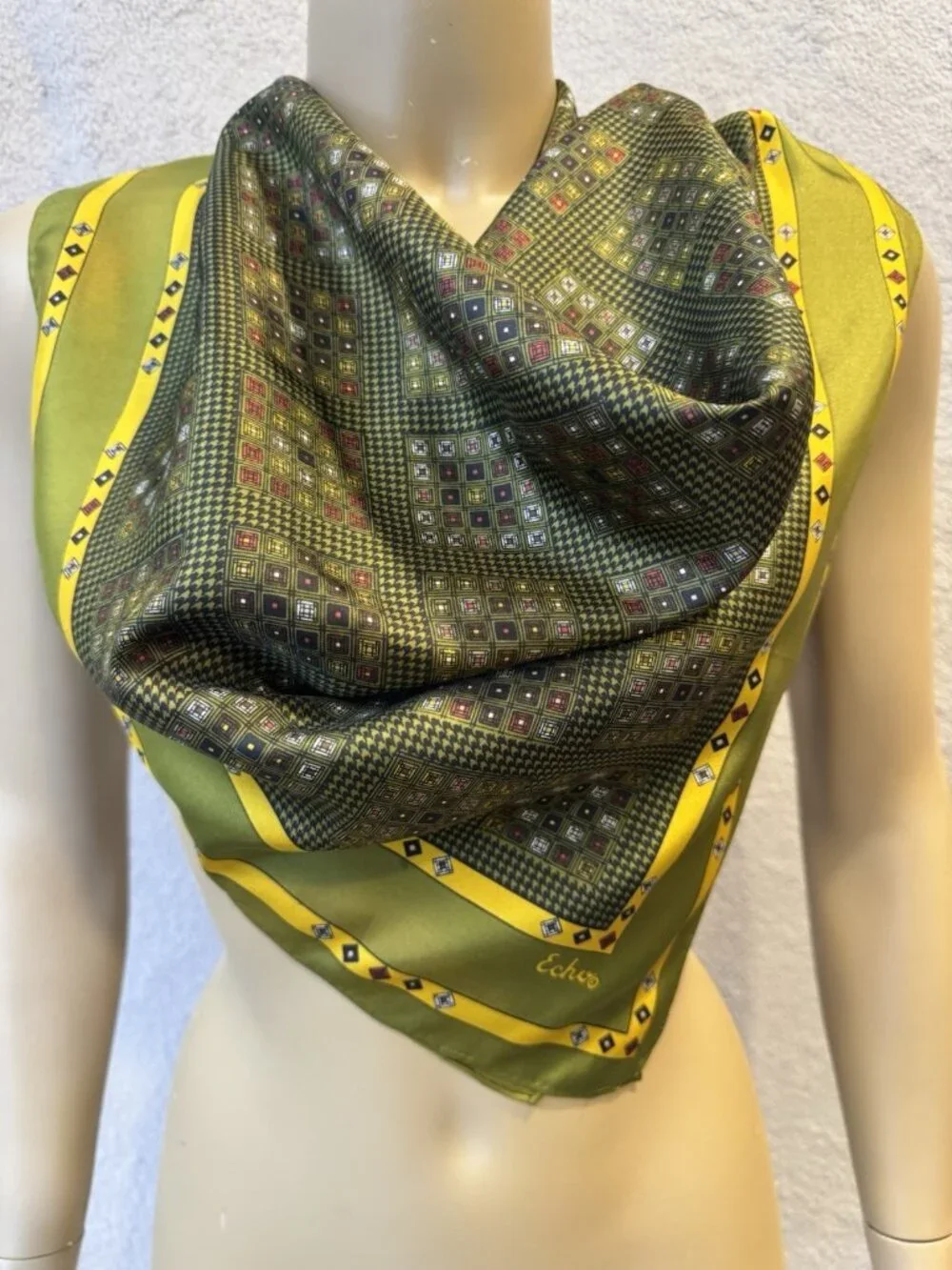 Vintage ECHO Silk Blend Scarf,  Modernist Geometrics Hand Rolled Edges 26x26